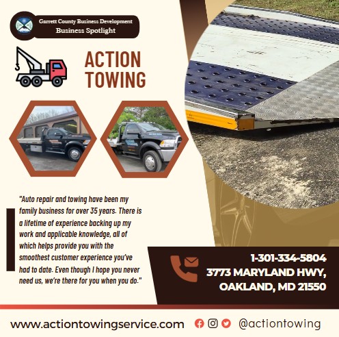 Todays Business Spotlight 🚗 is on Action Towing! 
Visit them at www.actiontowingservice.com
Follow us to see more daily Garrett County Business Spotlights!
If you are interested in having your business featured contact Connor Norman at cnorman@garrettcountymd.gov. #BusinessDevelopment #garrettcountymd 